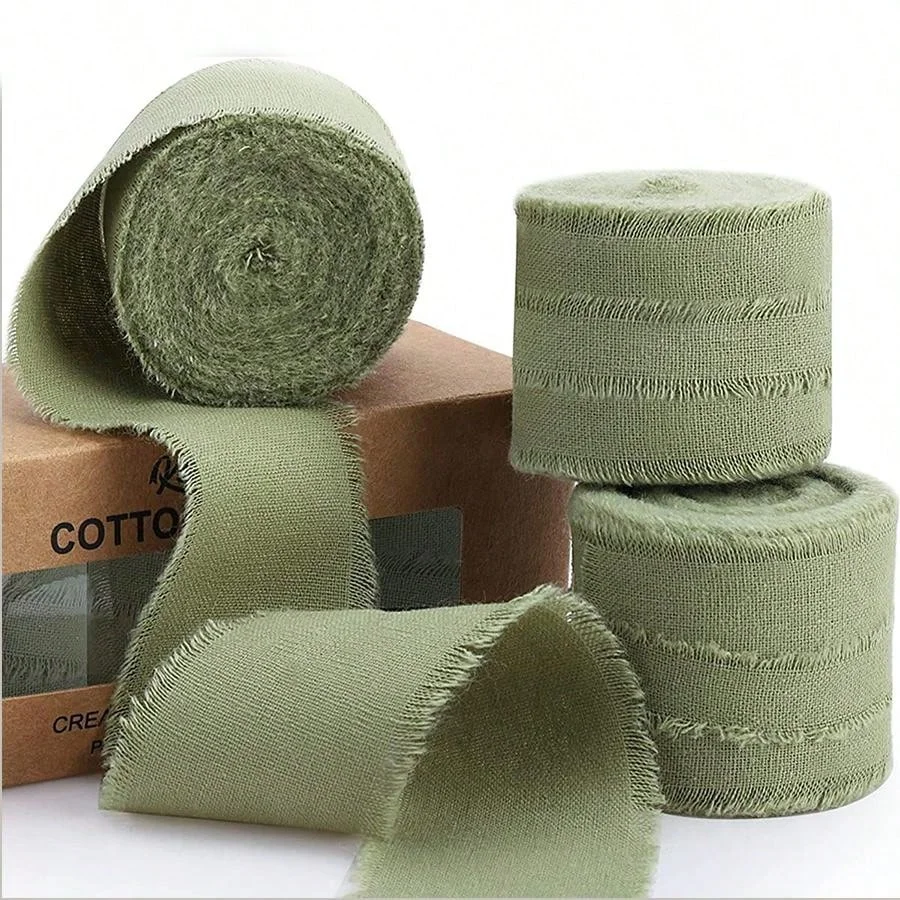 Ins 5 Yards Wide 3.8cm  Cotton ribbon Green DIY Gift Box Packaging Wedding Flower Bouquet Wrap Decoration Frayed Edge