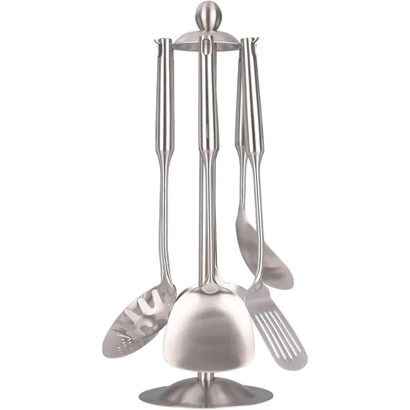 

RMWIN-Kitchen Utensils Set In 18/10 Stainless Steel-All Metal 15" Cooking Tools With Countertop Rotating Holder Stand