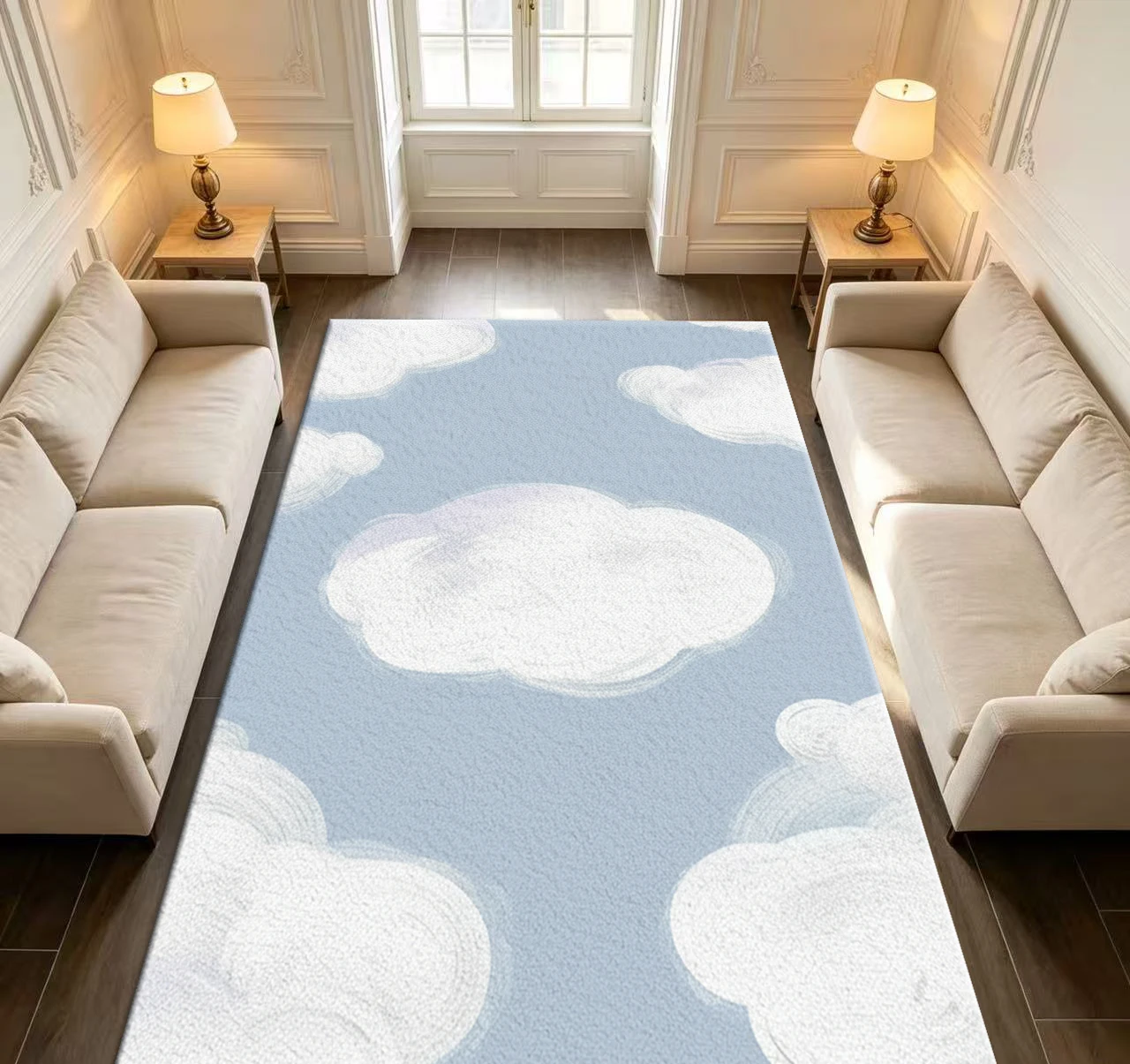 Light Blue Sky and White Cloud Area Rug, Cute Cartoon Style Children's Bedroom Rug