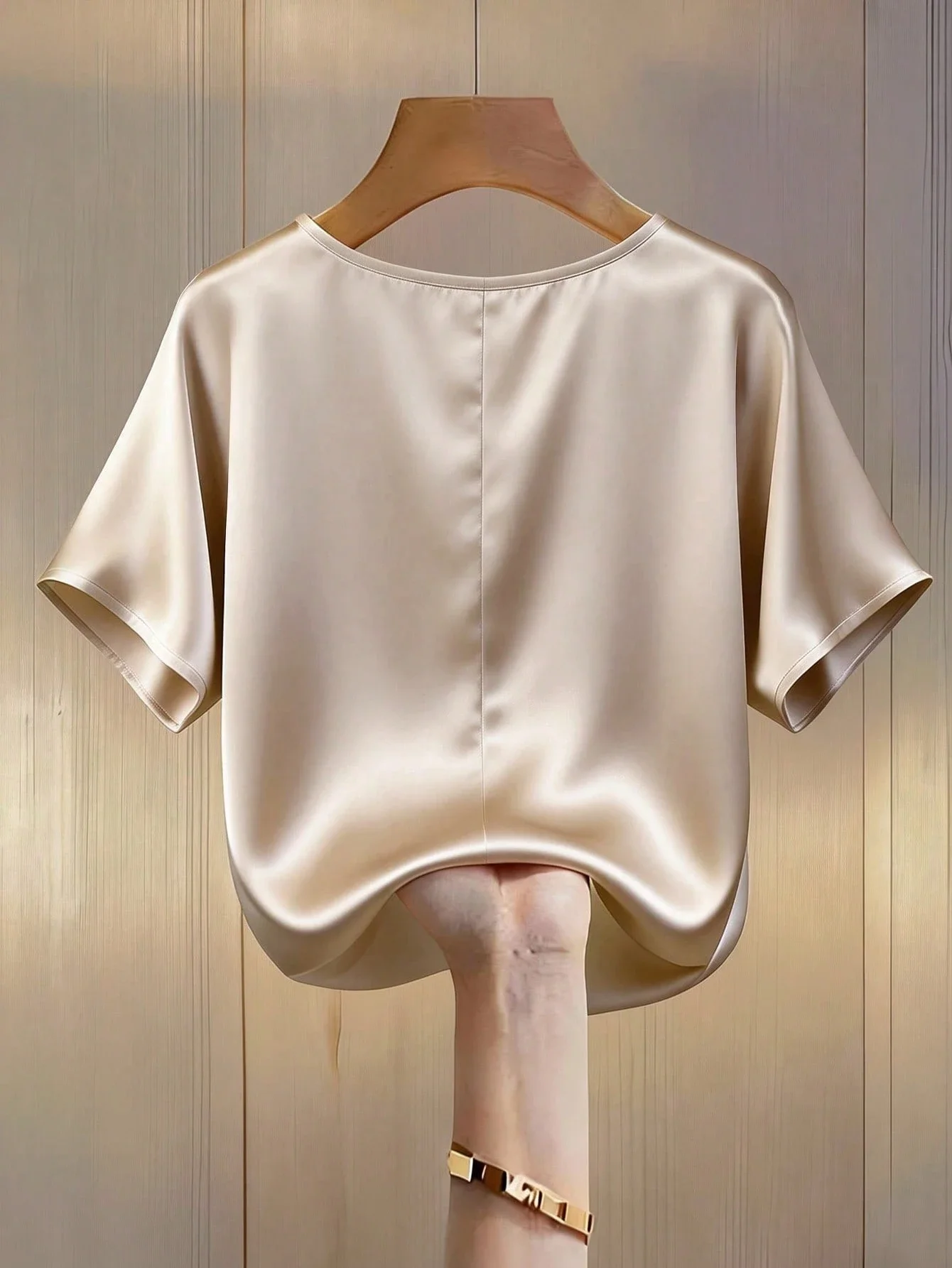 

Elegant Pearl Beaded Collar Blouse Women Loose Fit Satin Short Sleeve Top