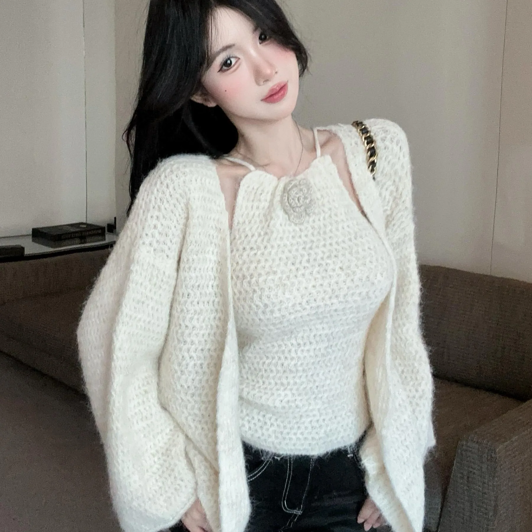 المرأة فضفاضة طويلة Sve محبوك سترة مجموعة مع 3D زهرة Ne تصميم الخريف الشتاء Faion قطعتين فرقة لباس غير رسمي