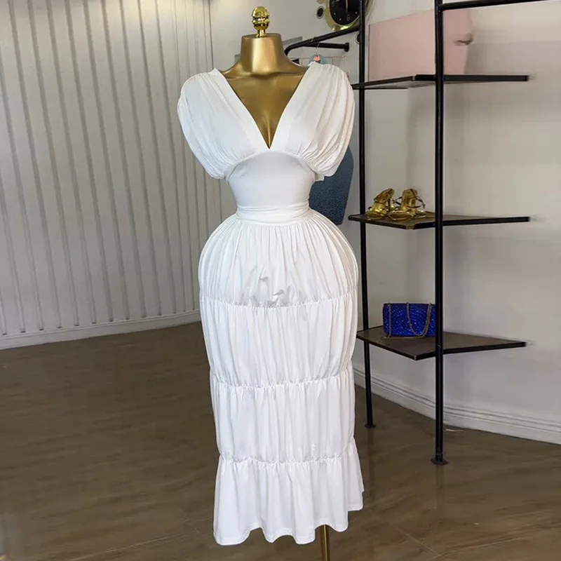 Women Sleeveless V-neck Ruched Maxi Long Dress 2025 Summer Evening Vacation Holiday Party Birthday Dresses Vestiods