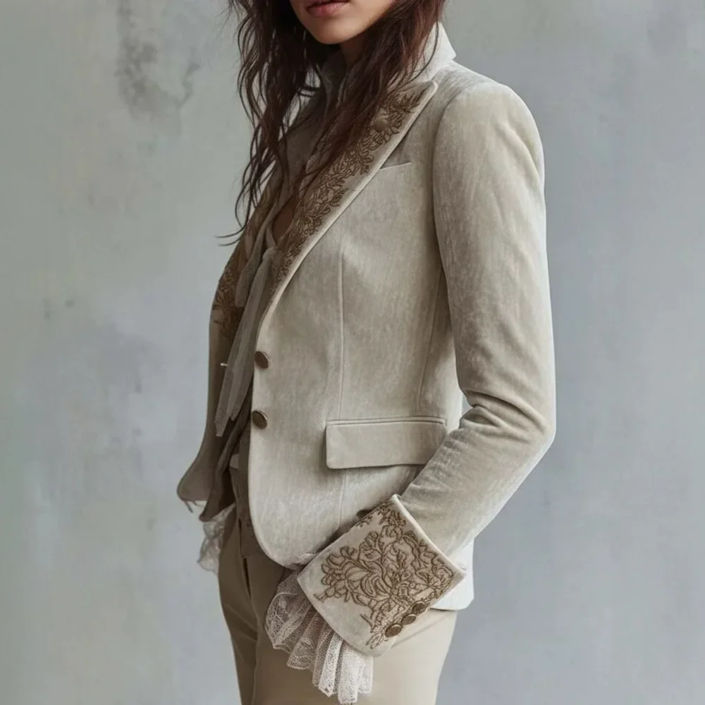 Women Velvet Flare Sleeve Notch Lapel Pocket Suit Blazer Jacket Long Sleeve European Retro Fashion Soft Breathable Flattering
