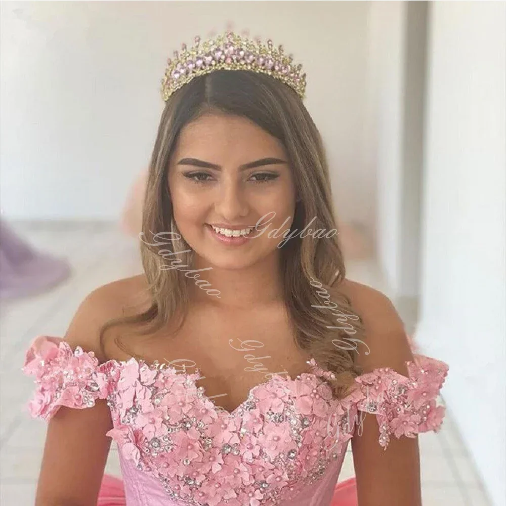 Vestido de baile com apliques de renda para mulheres, vestido de baile com laço, frisado, doce 15 e 16, vestidos quinceanera, 2024