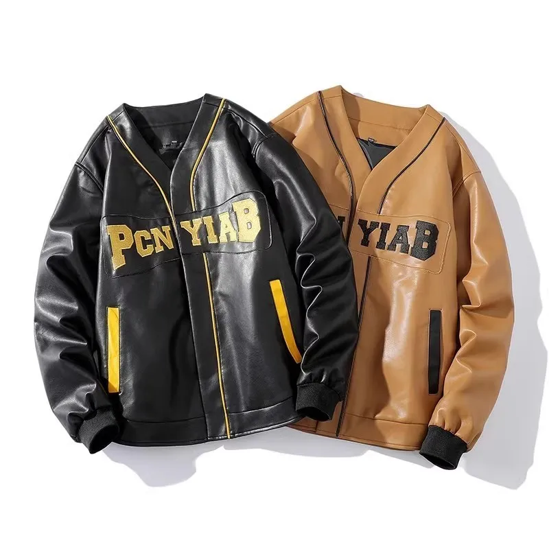 

Loose Men's V-collar Leather Jacket Stand Collar Biker Style Spring Autumn Fashionable Korean Version Coat Outerwear