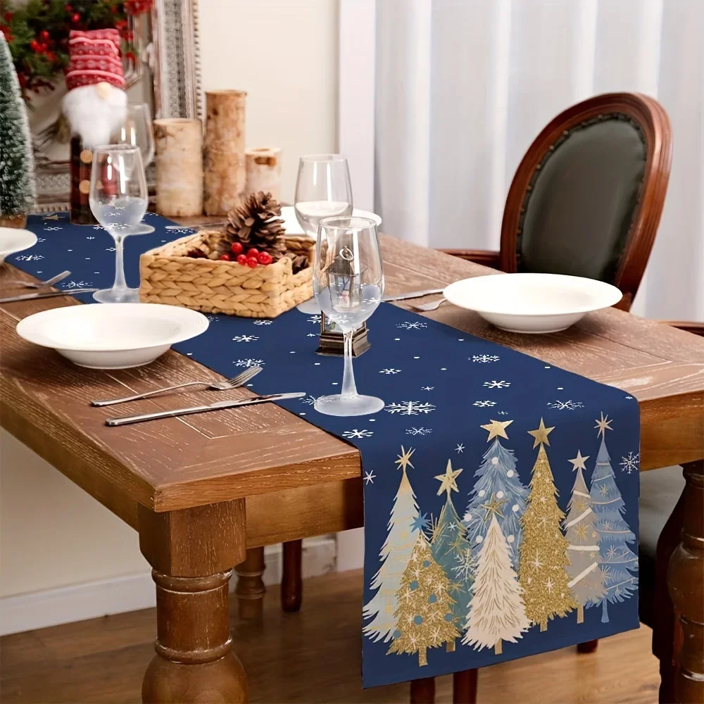 Christmas navy blue with gold Christmas tree snowflakes and stars graphic durable party farmhouse style holiday decorat