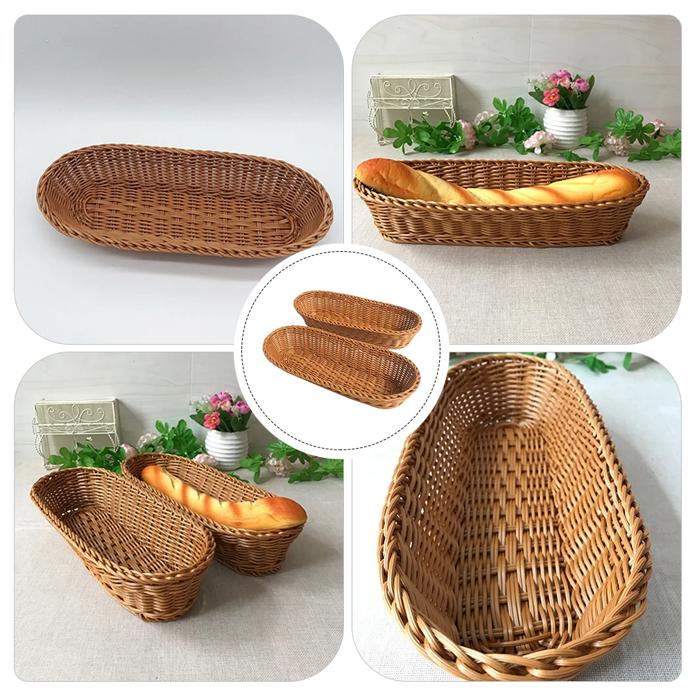 

2pcs Imitation Rattan Woven Baskets Storage Fruit Vegetable Bread Snack Dried Food Kitchen Organizer Set Plastic Trays