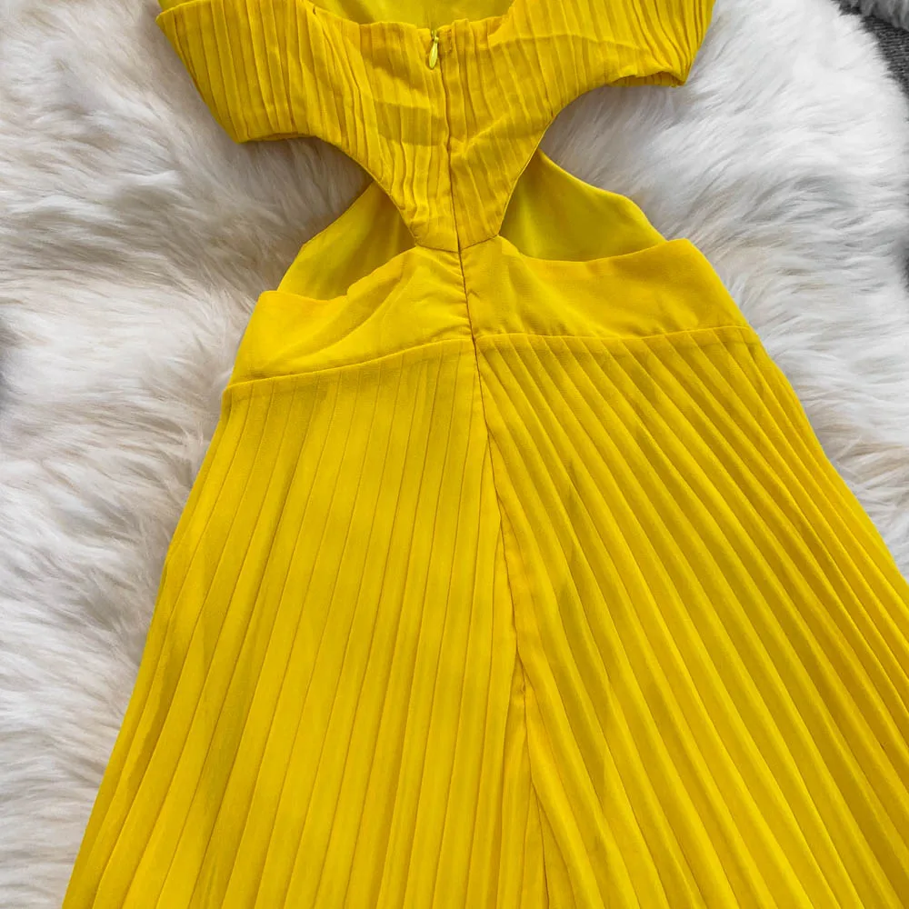 Vestido largo amarillo Tropical para vacaciones en la playa para mujer, vestido plisado de gasa con cintura hueca, vestido con vuelo fluido, vestidos bohemios para banquetes y cena