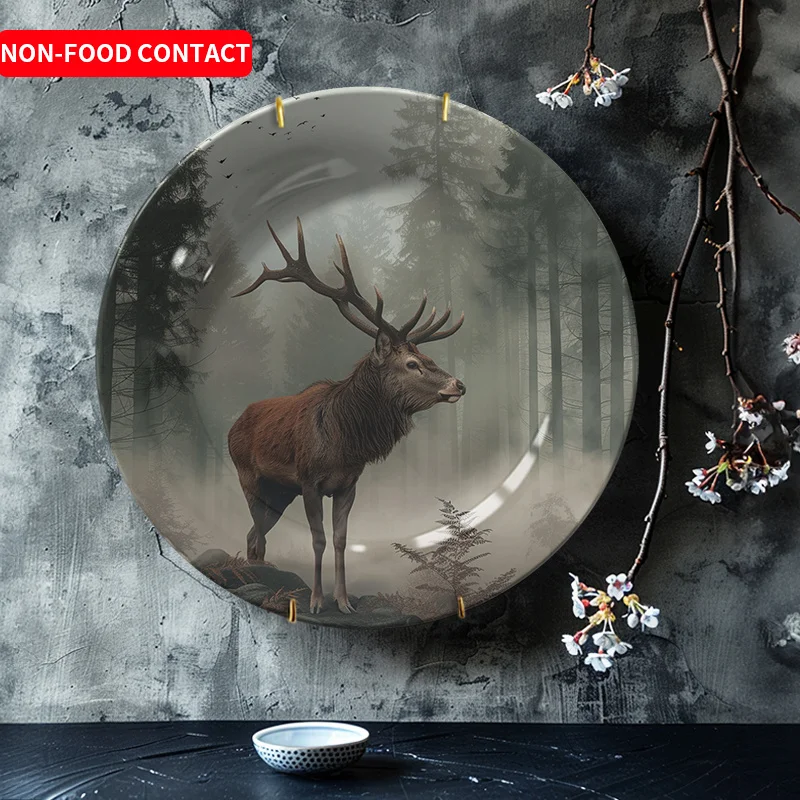 1pc Forest Deer Ceramic Decorative Plate - Nordic Style Round Tabletop Ornament with Artistic Forest Scene, Non-Food Contact