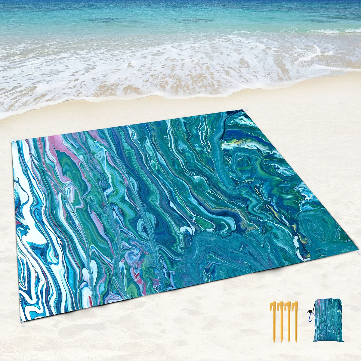 Beach Blanket Waterproof Sandproof,Blue Marble Black Picnic Rugs with Sand Pockets and Stakes,Marbling Outdoor Pad for Seaside