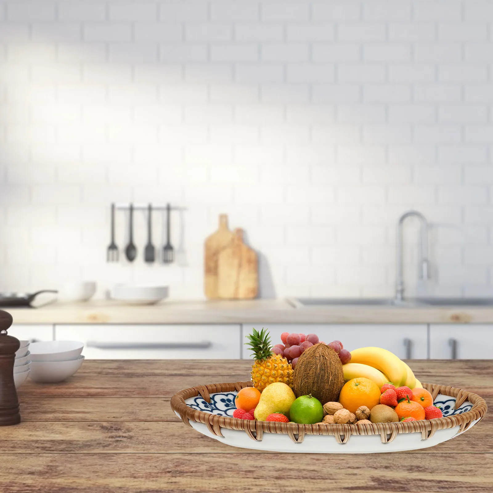 

1Pcs Rattan Woven Fruit Plate Japanese-Style Ceramic Dessert Tray Creative Household Stoneware for Salad Cooked Food Decoration