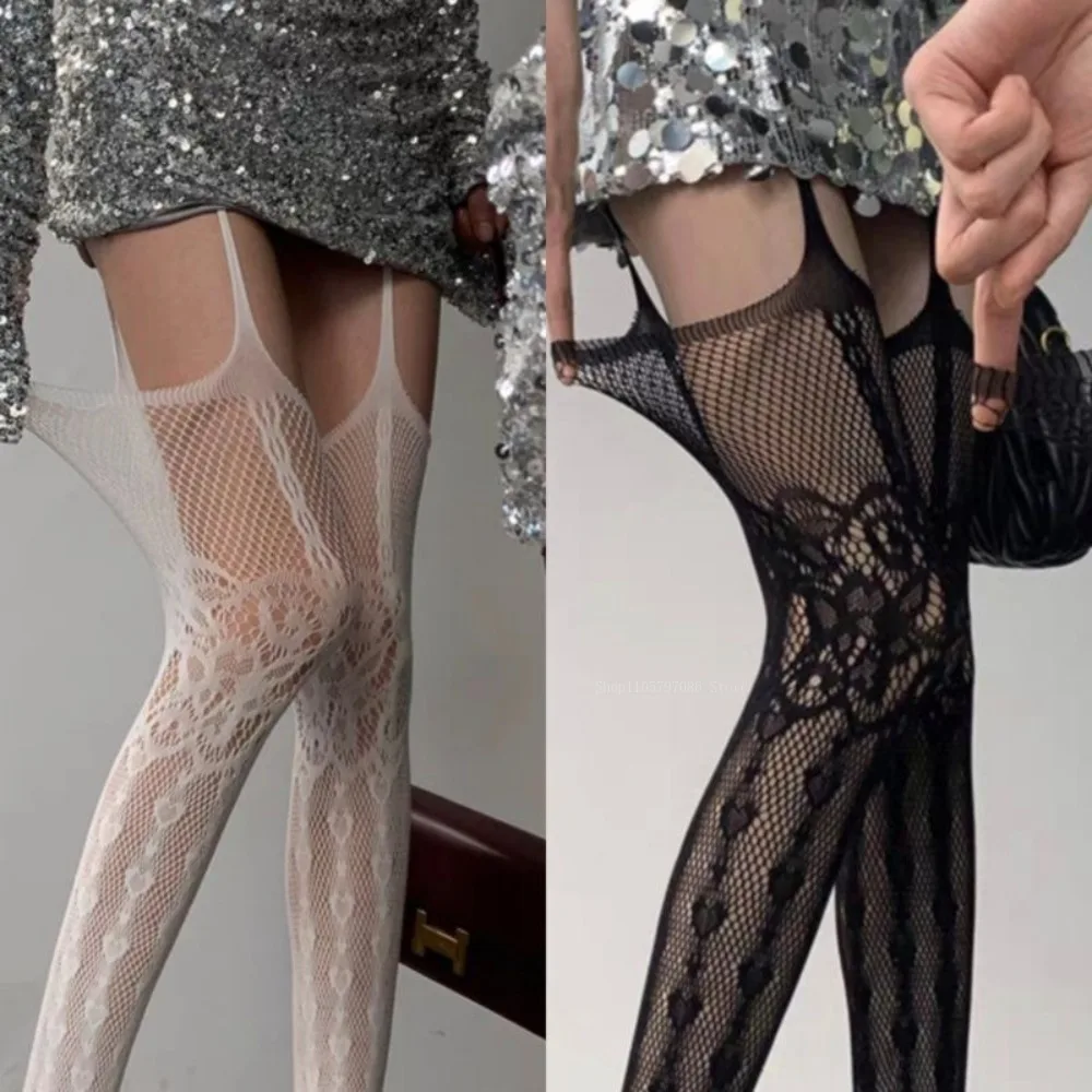Summer Hollow Lace Stockings Elegant Suspender White Tights Stockings Gothic Punk Love Flower Texture Sexy Tights Pantyhose