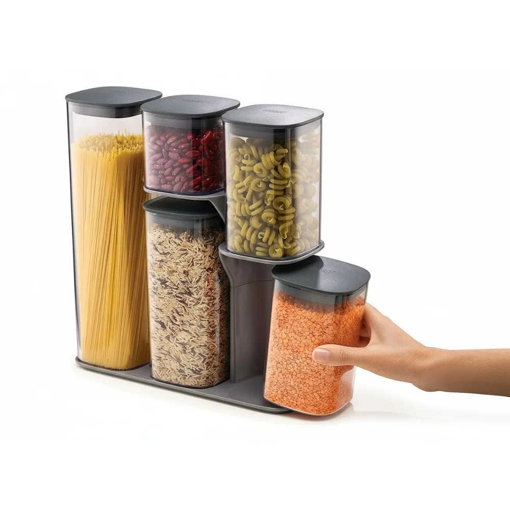 

Набор герметичных контейнеров для хранения продуктов питания из 5 предметов с подставкой, серый — идеально подходит для организации кухни и кладовой
