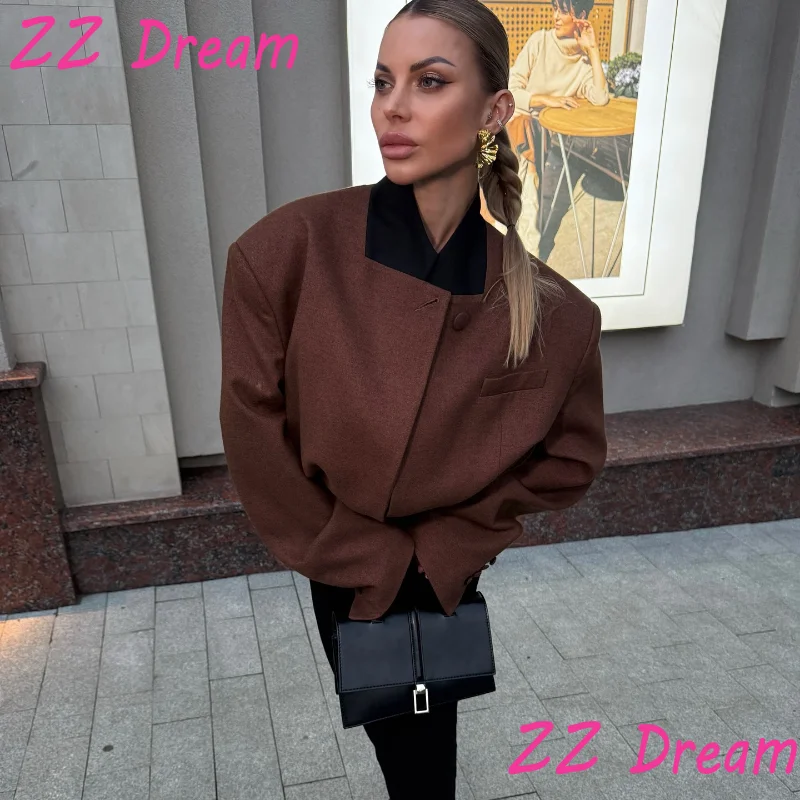 

Retro Patchwork Women's Jackets Lapel Collar Full Sleeve Brown Short Coats 2025 Autumn Vintage Lady Commute Street Outerwears