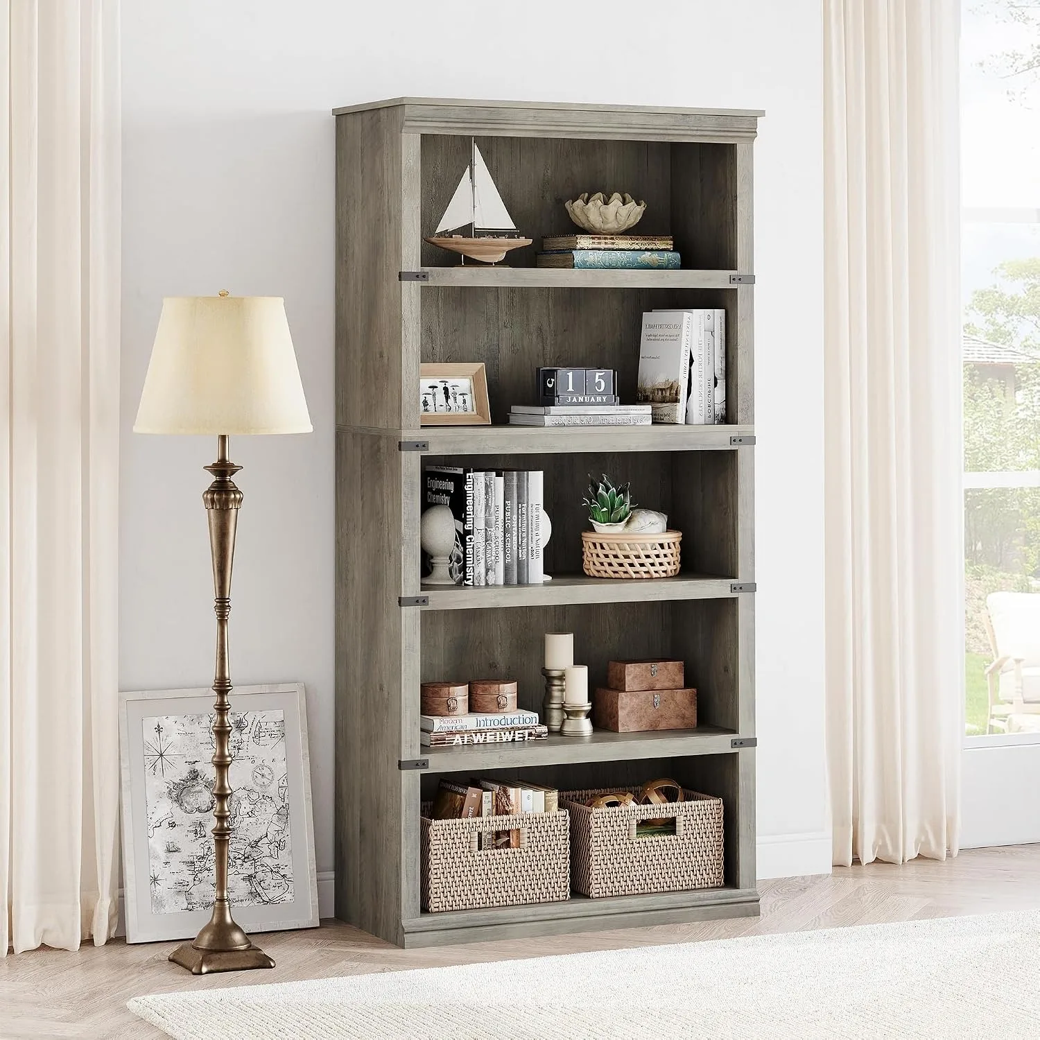 5 Tier Bookcase, Farmhouse Book Shelf with Storage, 67.4 Inch Tall Open Display Bookshelves, Wooden 5 Shelf Bookcase for Living Room, Bedroom - Grey