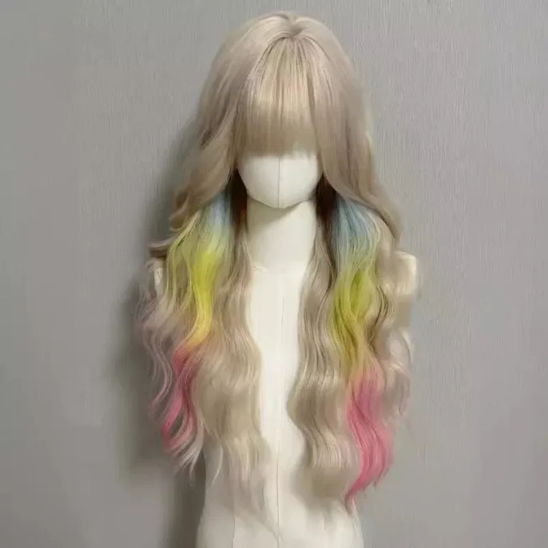 

Long water Wave Wig rainbow wigs with Bangs Cosplay Silky Wig for Women Daily Party Natural Soft Synthetic Hair Heat Resistant