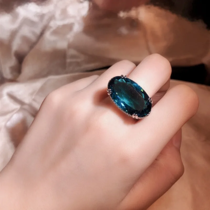 Personality Elegant Super Big Oval Gemstone Stone Ring For Women Fashion Sterling Silver Color Finger Rings Christmas Jewelry