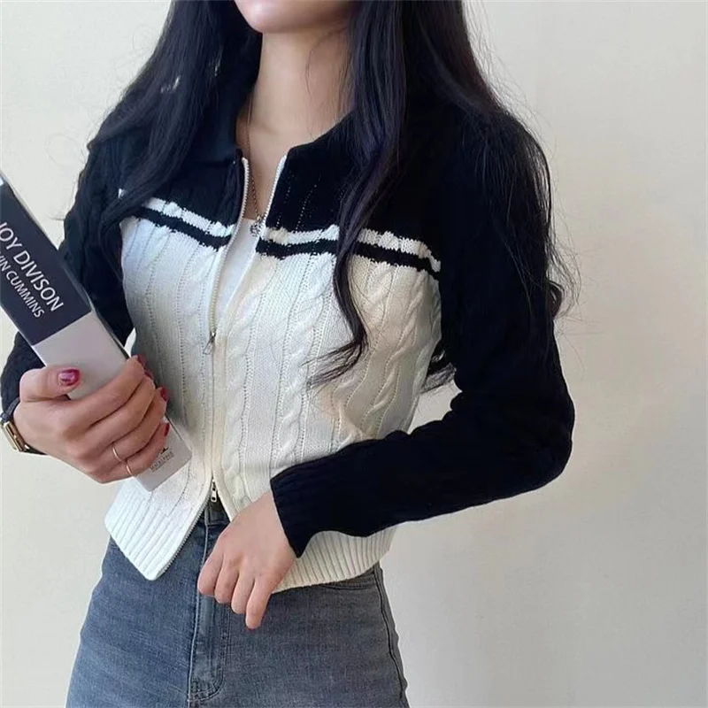 Cropped Cardigan for Women Vintage Skinny Chic Hotsweet Zipper Twist Sweater Coat Streetwear Harajuku Womens Clothing