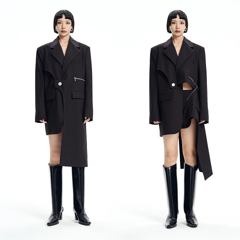 

Asymmetric Midi Suit Jaet for Women in Bla Button Zipper Street Sle Unique Design Straight Cut Original Design