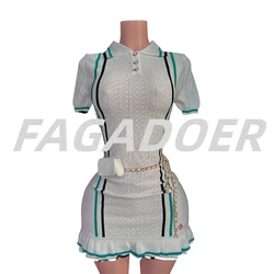 FAGADOER Casual Knit Mini Dress Women Fashion White Buttons Stripe Ruffle Patchwork Bodycon Dresses Female Vestidos 2025 New