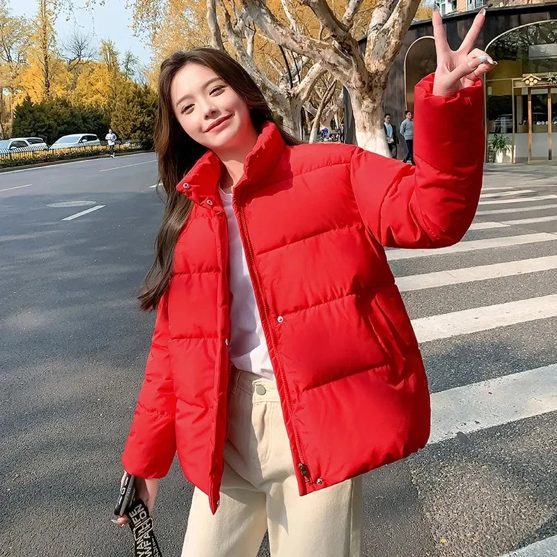 Jaqueta coreana solta de colarinho em pé para mulheres, parkas curtas, casacos de algodão, casacos grossos quentes, sobretudo feminino, inverno, novo, 2023