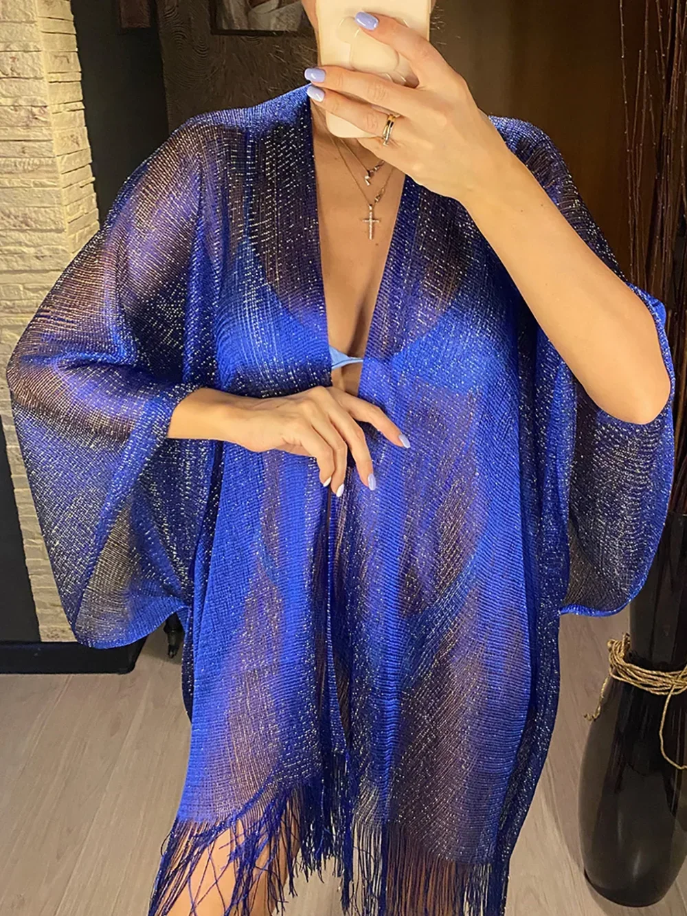 2024 Summer Tassel Gold Bikini Cover Up Sexy See Through Beach Dress Tunics for Women Beachwear Swimsuit Cover-ups Kaftan New