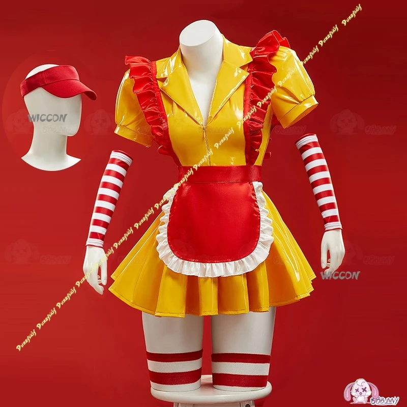 Disfraces de Cosplay uniforme niñas M rojo amarillo mujeres delantal C vestido falda sombrero calcetines fiesta escenario ropa Sexy Navidad Halloween conjunto