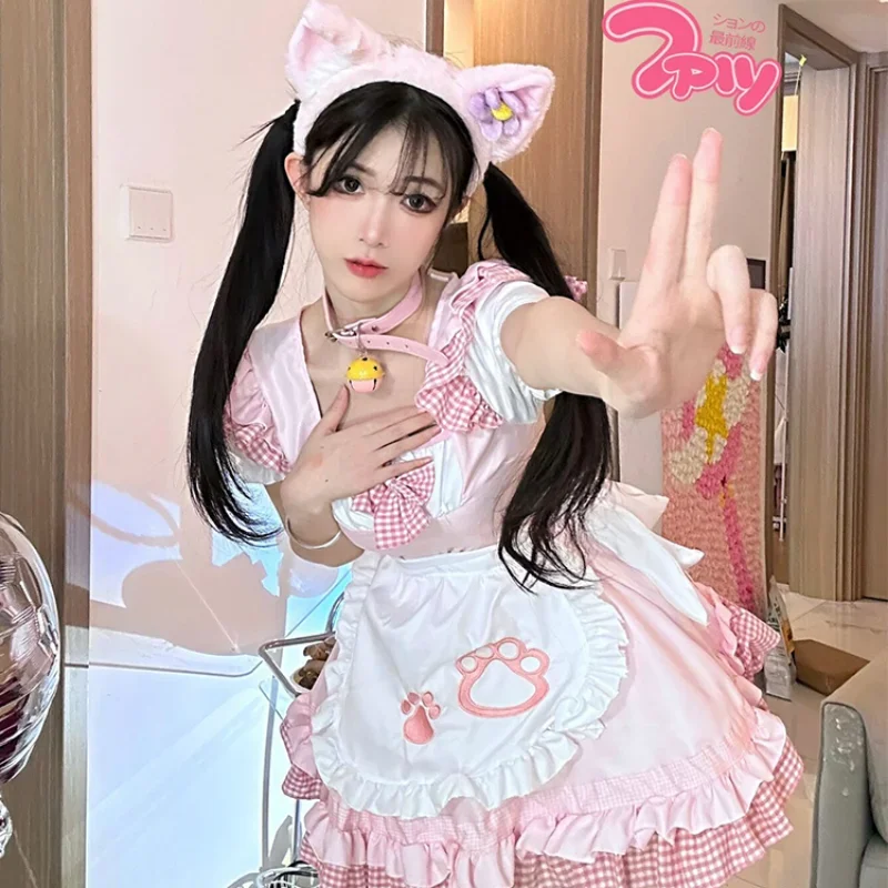 Lolita Cat Girl Anime Maid Uniform Women Halloween Cosplay Party Dress Japanese Sweet Plaid Waitress Princess maids outfit 5XL