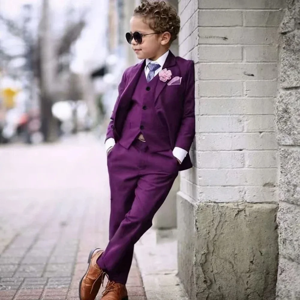 

3 Pieces Purple Boy's Slim Fit Formal Suit Set for Wedding Prom Dinner Party Kids Uniform Custom Tuxedos Blazer Vest Pants