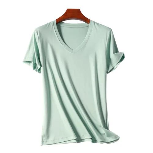 Camiseta de mujer 2025 de verano con cuello en V de manga corta de algodón Casual sólido Top camisetas sueltas camisetas básicas para mujer camisetas para mujer