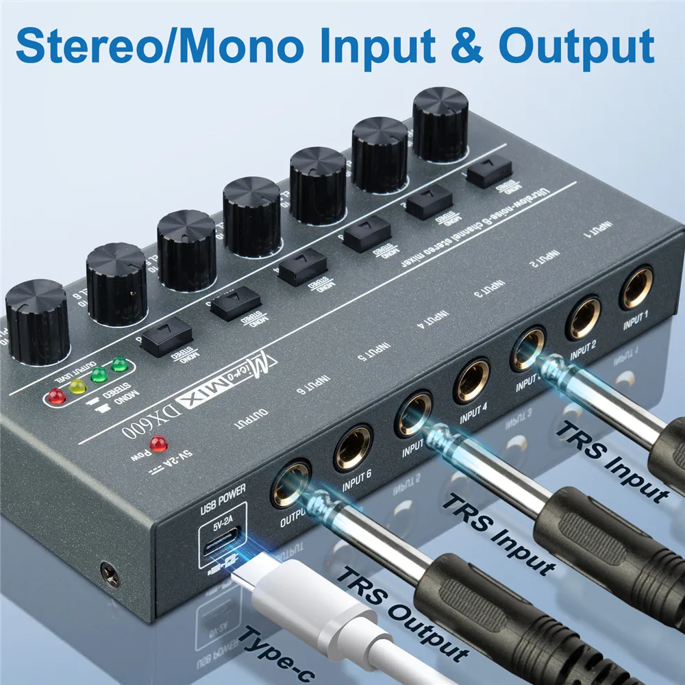 DX600 Audio Interface 6 Channel Stereo Headphone Amplifier Ultra Low-Noise Sound Mixer Recording Studio Monitor for Guitar