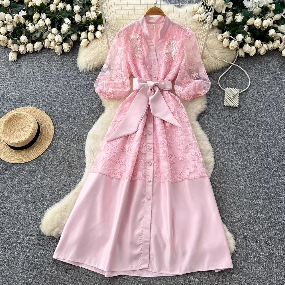 

Summer Holiday Mesh Hollowed Out Embroidered Prom Dress Women Single Breasted Midi Long Vestidos Lace Up Belt Evening