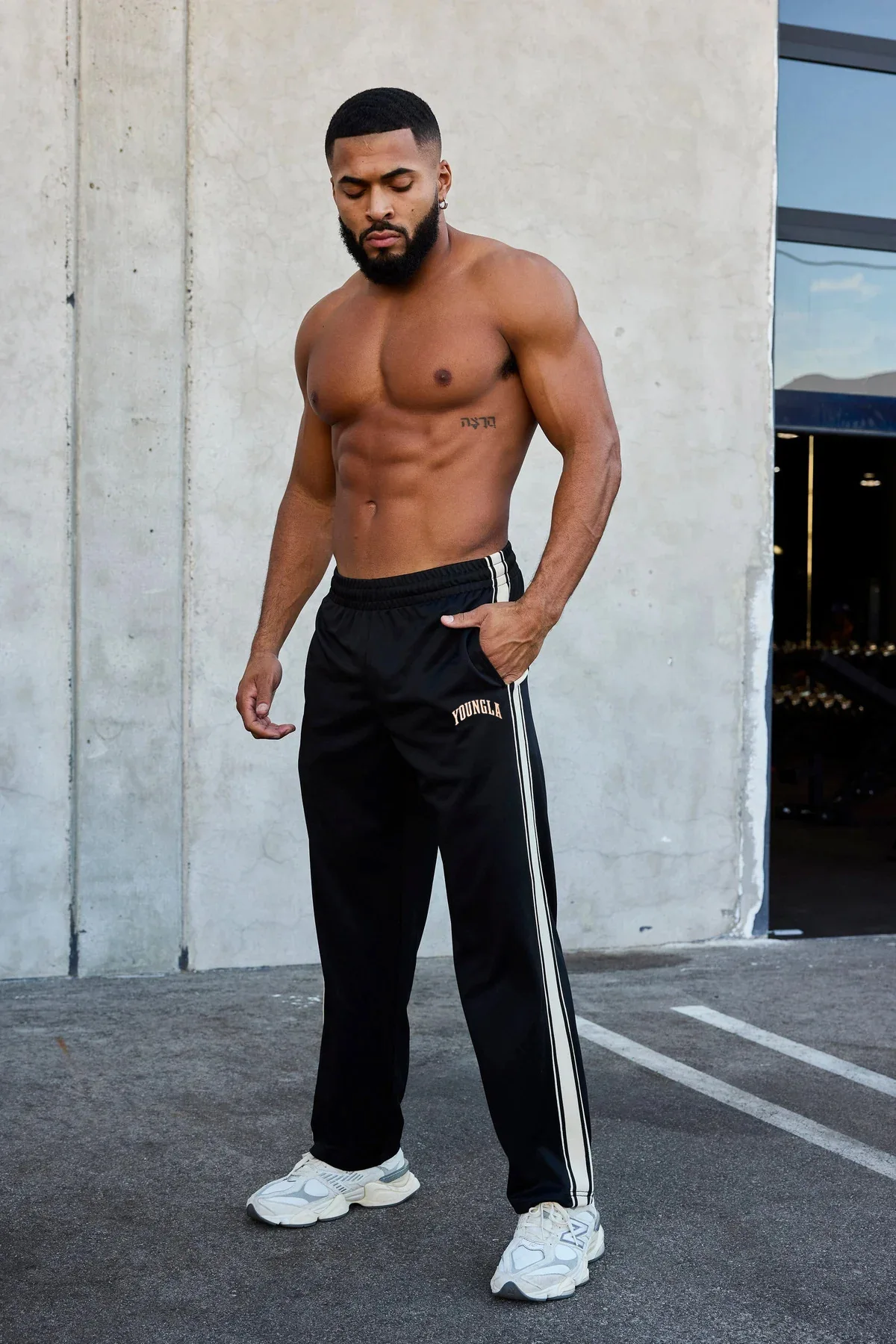 Men's sweatpants, webbing, stitched printed slacks, gym fitness, mid-rise straight pants, simple and versatile sweatpants