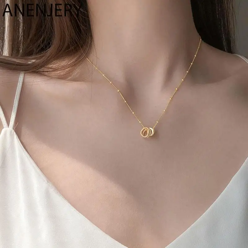 ANENJERY Silver Color Geometric Irregular Circle Necklace for Women Handmade Clavicle Chain Necklace Jewelry S-N203