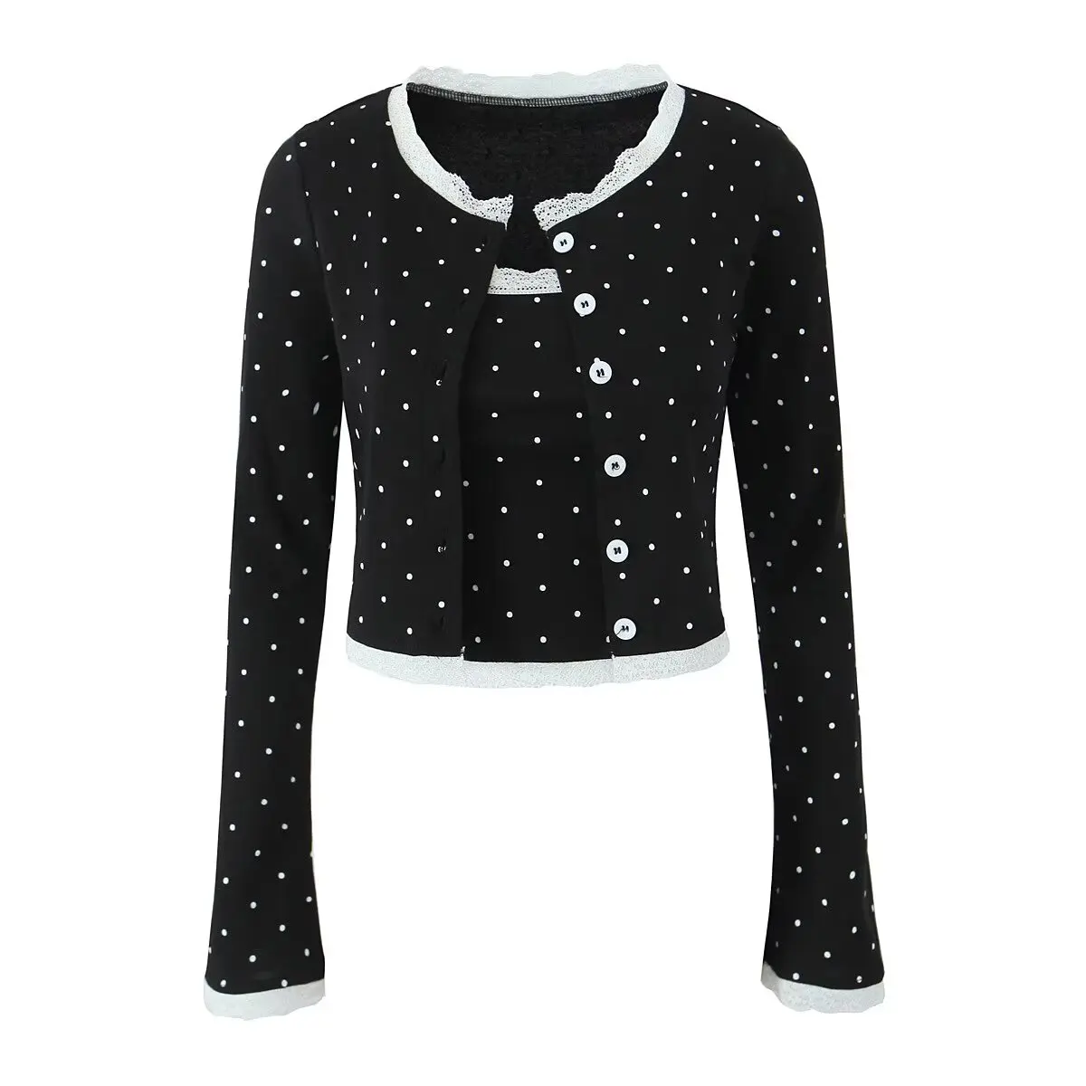 2024 American Retro Polka Dot Print Open Buttons T-shirt + Lace Slash Collar Camis Crop Top T-shirt Set Navy Black