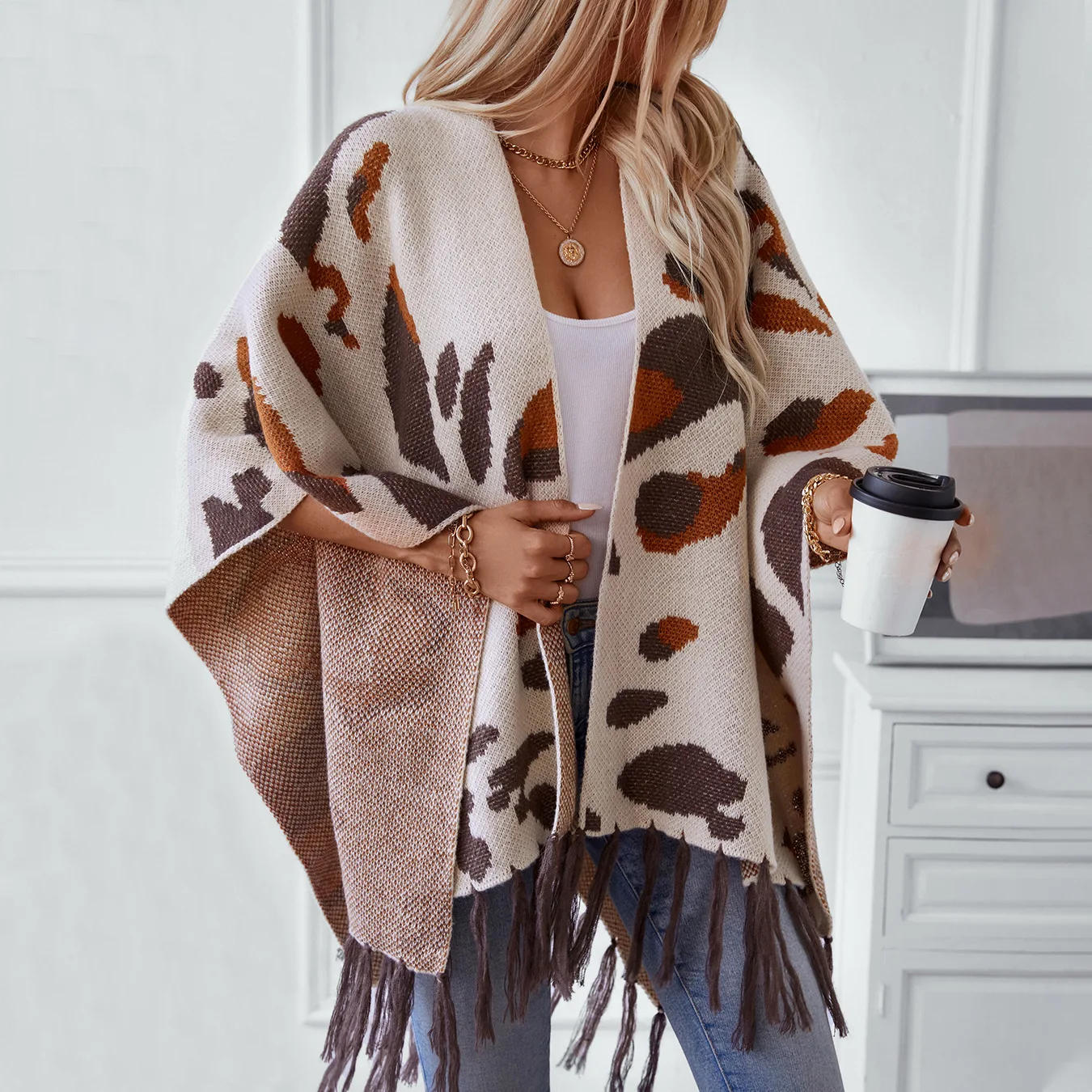 Contrasting leopard print knitted fringed cape shawl women's autumn and winter large size loose  cross-border sweater cape