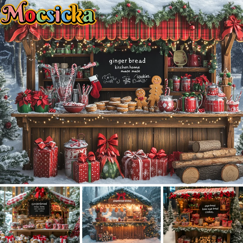 Christmas Gingerbread Bakery Stall Photography Backdrop Plaid Awning Cookie Gift Box Pine Garland Snow Winter Background Cloth