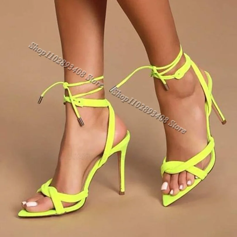 Gelbe Schnürung Stiletto Sandalen spitzen Zehen Sommer britischen Stil Design für Party kleid Frauen Schuhe 2024 Zapatos Para Mujere