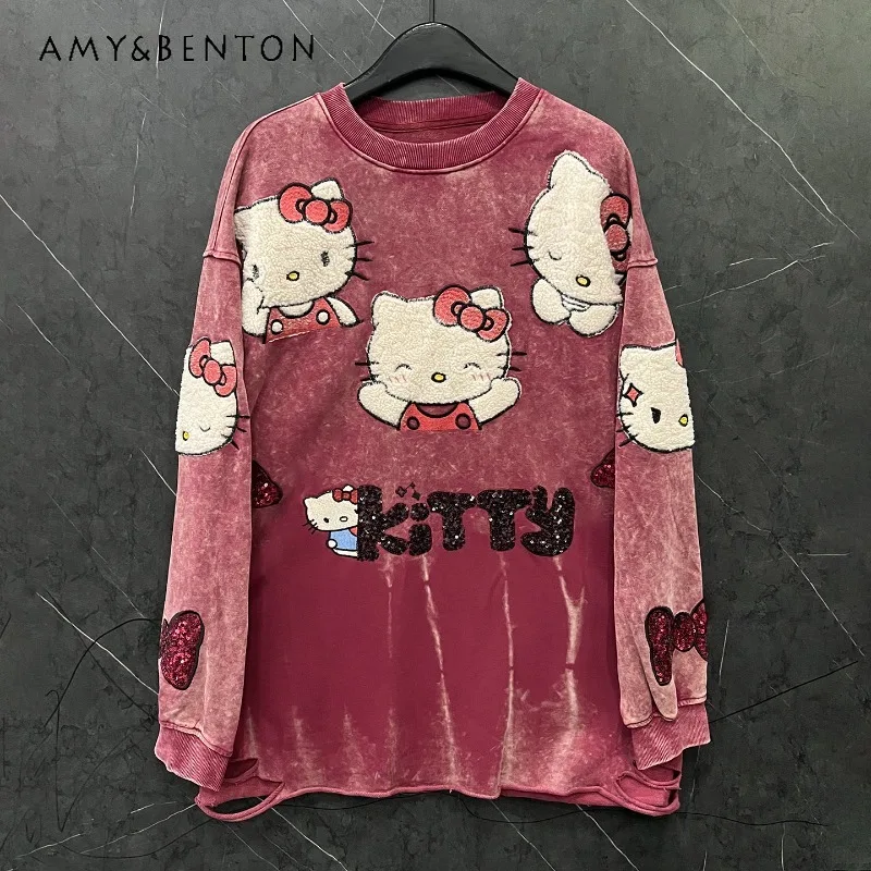 Outono indústria pesada novo dos desenhos animados reunido bordado tripulação pescoço moletom senhoras y2k solto casual estilo doce topo hoodies jaqueta