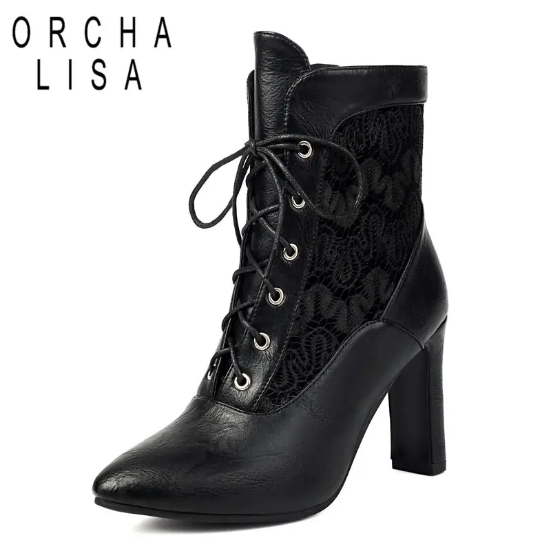 

ORCHA LISA 2025 Sexy Women Ankle Boots Pointed Toe Chunky High Heels 8.5cm Lace Up Plus Size 43 44 45 Fashion Dating Party Bota