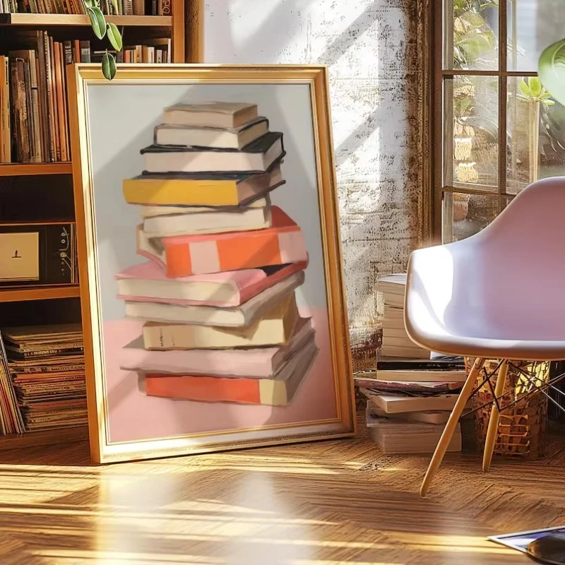 1PC Frameless Book Lover Print Poster Stack of Books Bookworm Pastel Canvas Painting Trendy Wall Art Study Room Home Decor