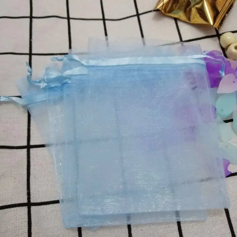 Sky Blue Organza Bags 100pcs/Lot 7x9 9x12 10x15 13x18 15x20 17x23 cm Jewelry Drawstring  Christmas/Wedding/Gift Packing 