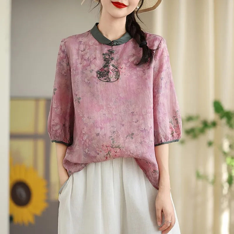 Chinese Style Casual Blouse Shirt Women New Arrival 2024 Summer Vintage Floral Print Loose Comfortable Female Tops Shirts B3863