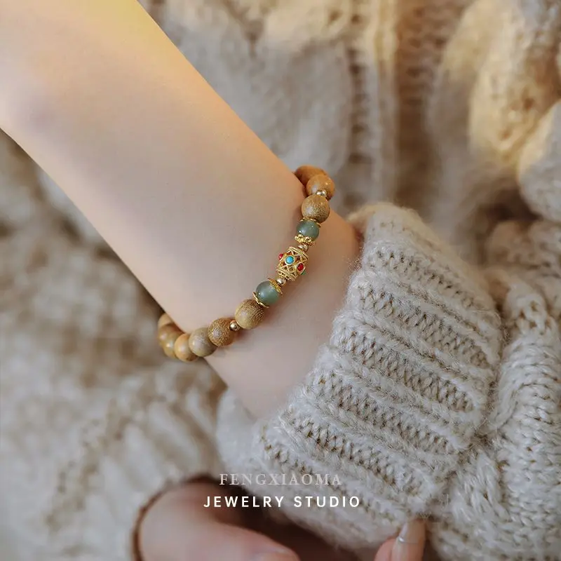 Sandalwood Bracelet Female Mori Antique Zen Lucky Beads Couple Bracelet Single Circle Ethnic Style Vintage Plate Play HandString