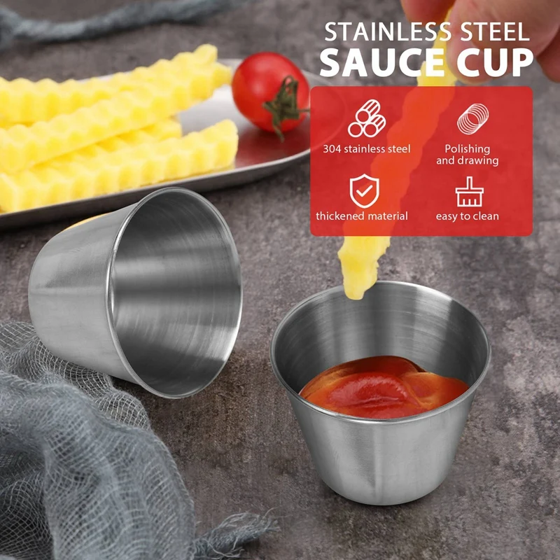 1 Pack Of 10 - Premium Brushed Stainless Steel Condiment Sauce Cups Spices Pots Liquid Dips Bowls - 2.5Oz 70Ml