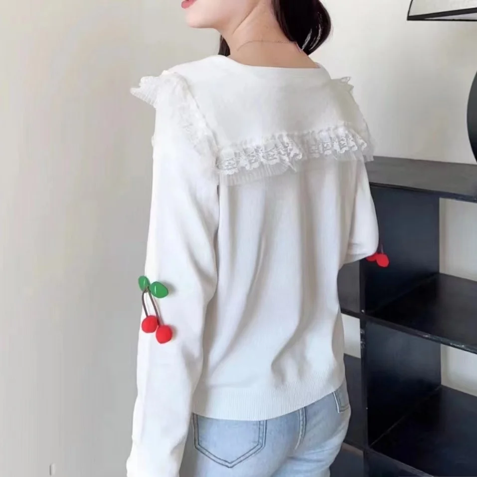 Cherry Doll Neck Knitted Sweater Slim Fit and Versatile Spring New Style Western-style Pullover Long Sleeved Top