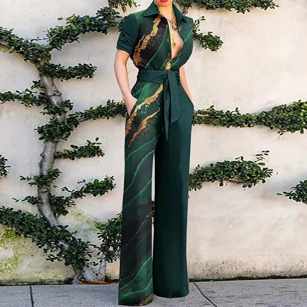 Print Wide Leg Straight Pants One Piece 2023 Woman Long Jumpsuits Elegant New Casual Overalls Turn Down Collar Lace Up Rompers