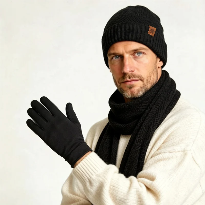 Winter Men's Knitted Hat, Windproof, Warm, Fleece-Lined, Thickened, Cold-Proof, Knitted Scarf, Gloves, Hat Three-Piece Set
