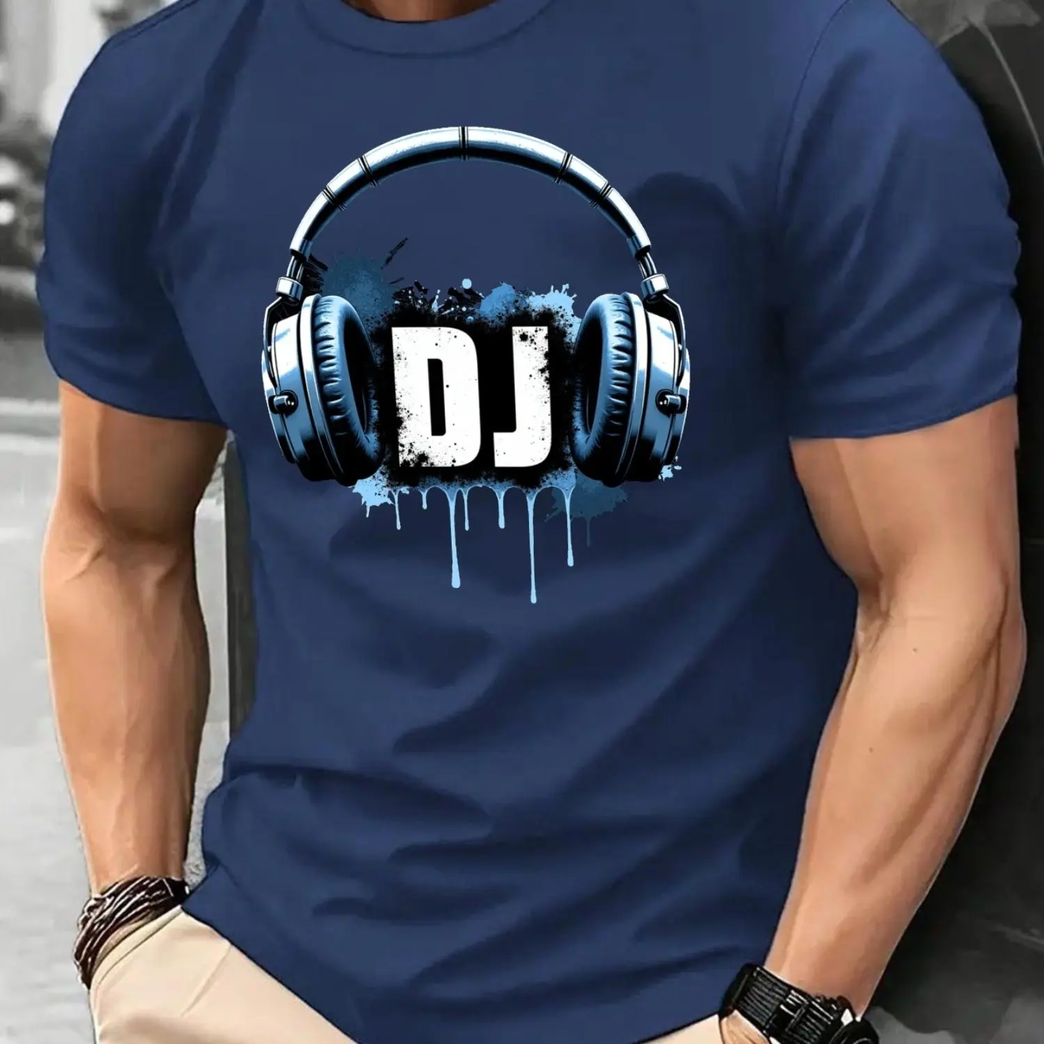 Men'S DJ Headphone Graphic T-Shirt Micro-Stretch Knit Casual Summer Tee Regular Fit Breathable Cotton Blend Men Clothing