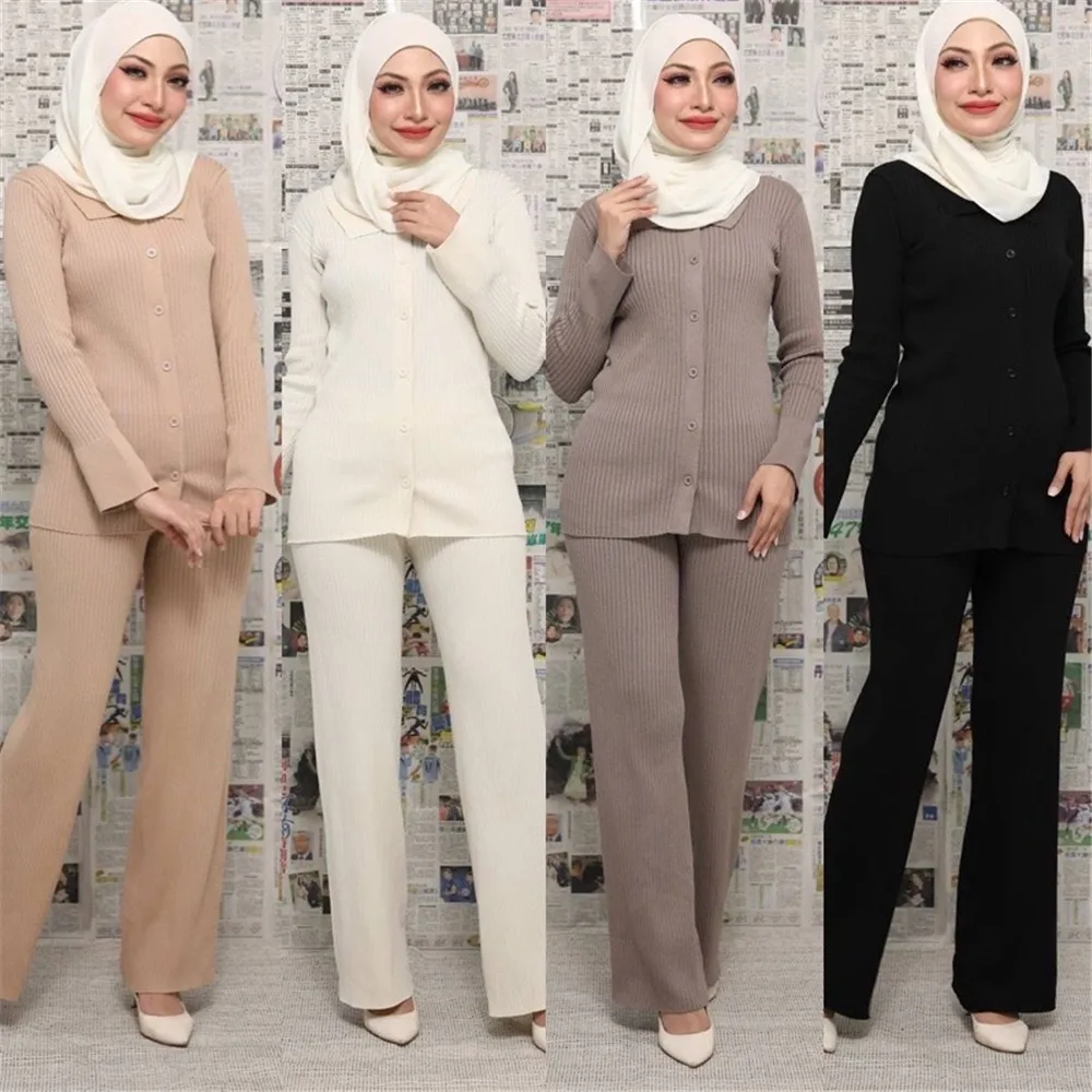 Automne hiver tricoté ensembles musulmans femmes robe Abaya Musulman 2 pièces ensemble pull Eid